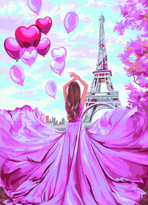 Алмазная мозаика DVEKARTINKI Женщина в розовом платье в Париже 30x40 на подрамнике