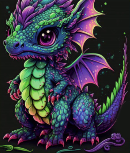 Алмазная мозаика DVEKARTINKI Красивый фиолетово-зеленый дракончик 21x25 на подрамнике