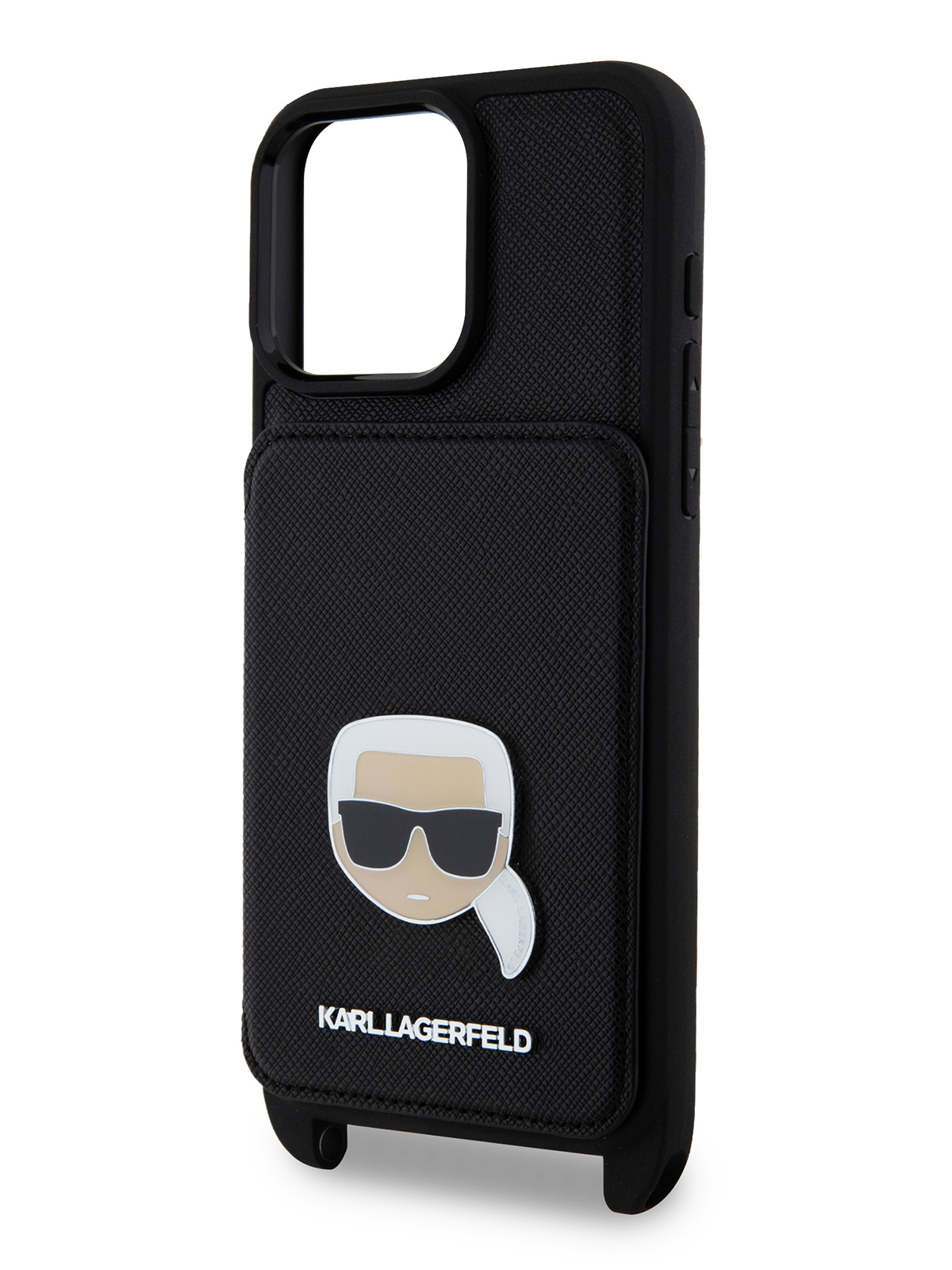 Чехол Karl Lagerfeld для iPhone 15 Pro Max с ремешком и карманом Metal Hard Black