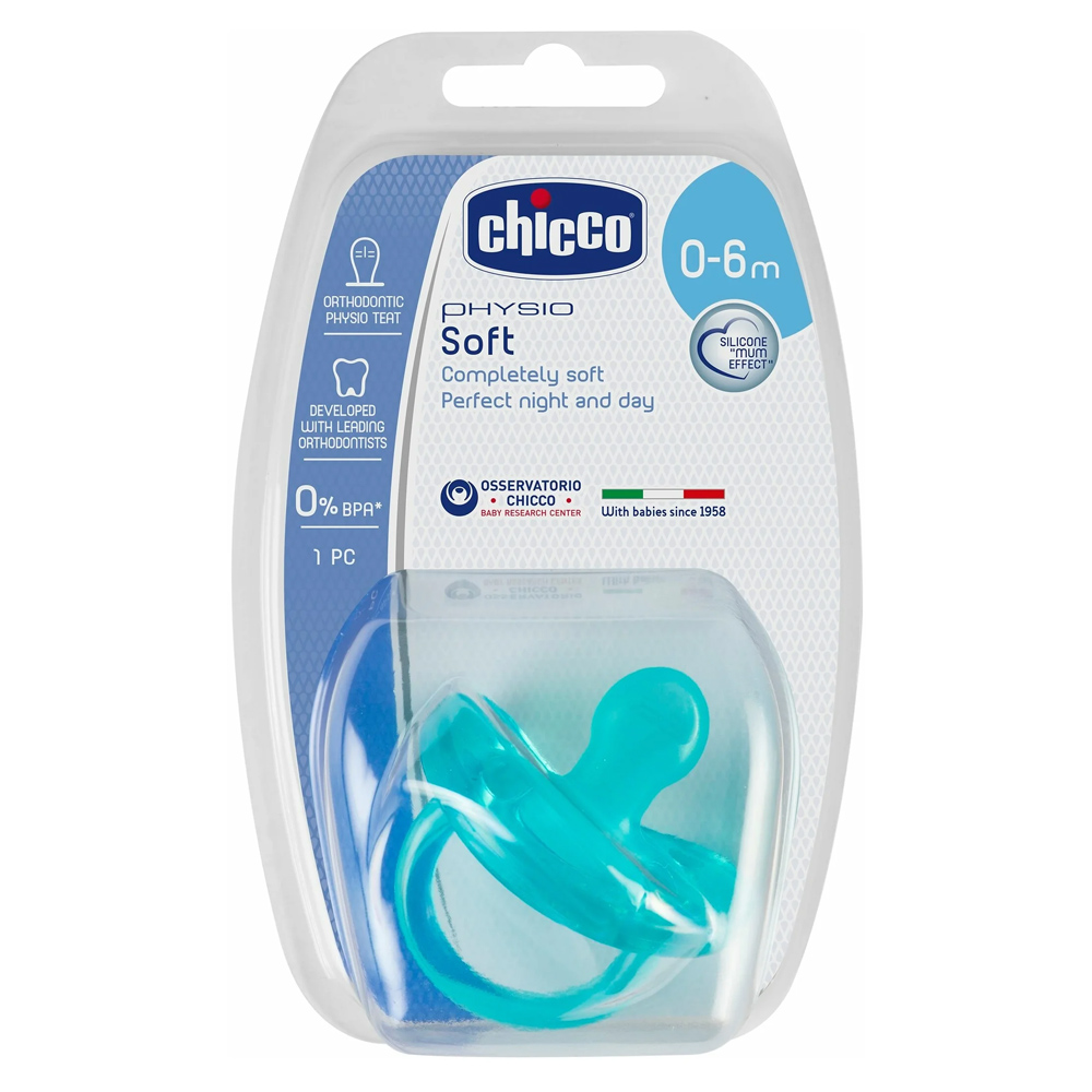 Силиконовая пустышка ортодонтическая Chicco Physio Soft 0-6 Мес голубая chicco physio soft пустышка силиконовая голубой
