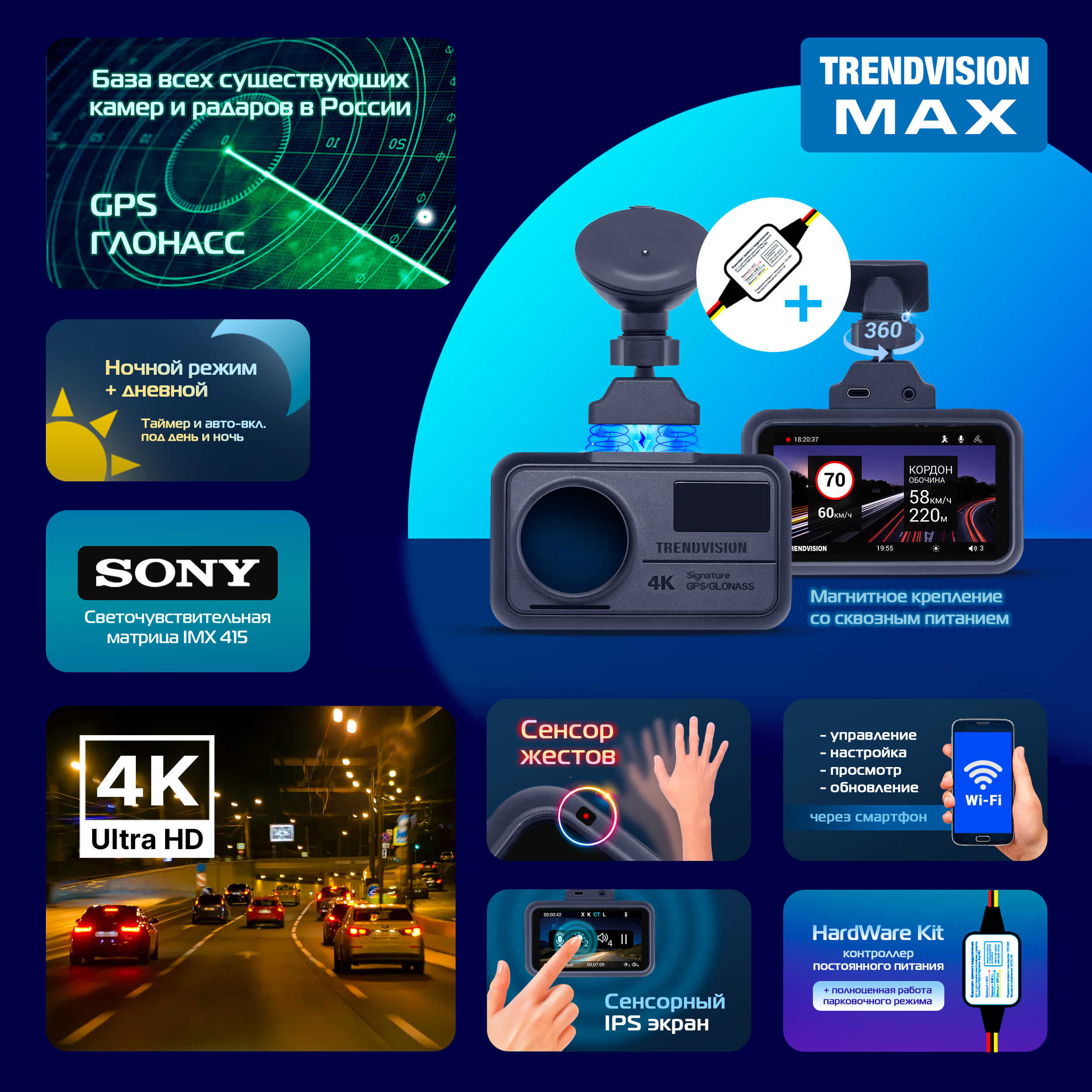 Видеорегистратор TrendVision MAX - 4К (SONY), HardWare Kit, сенсоры, GPS, CPL, Wi-Fi