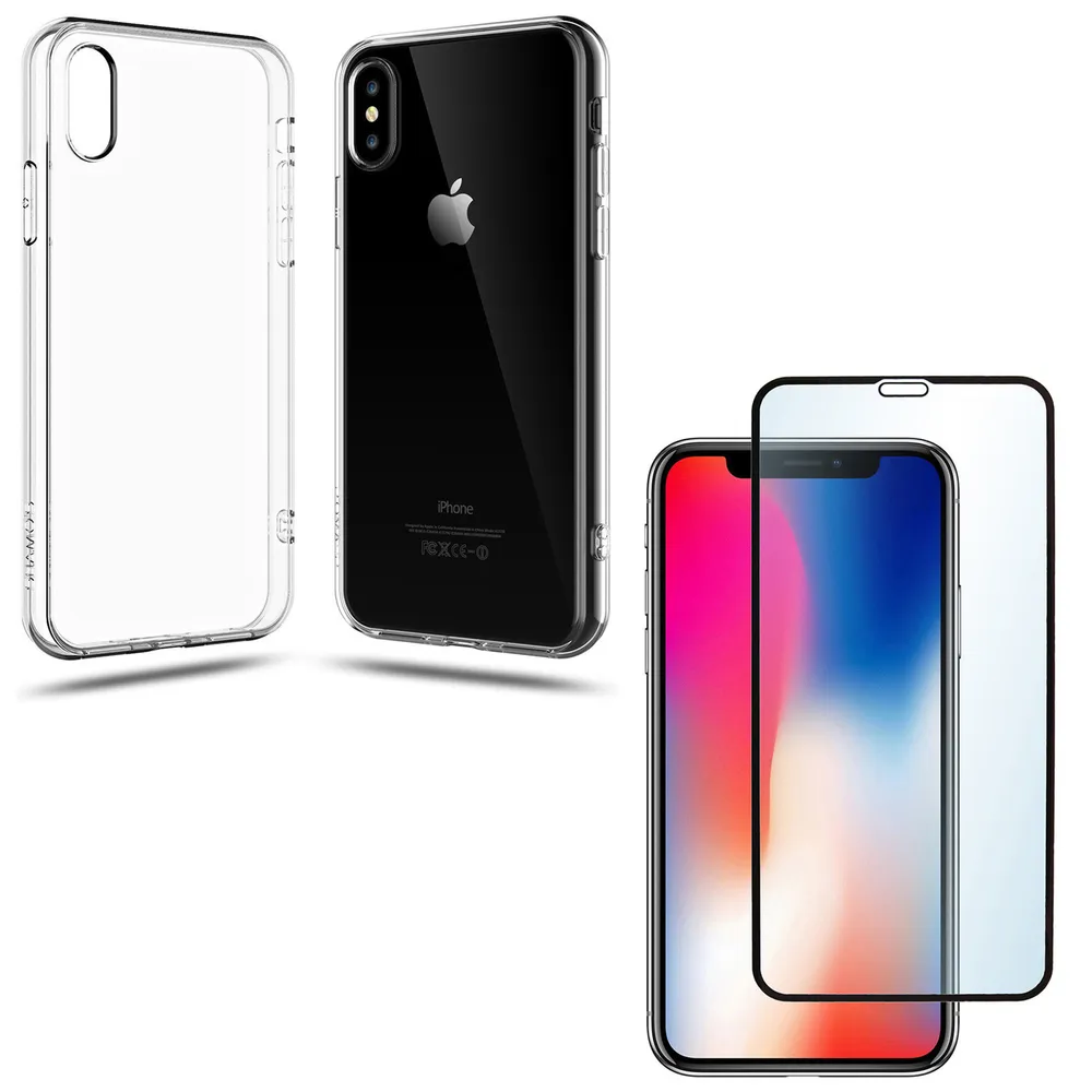 

Комплект: прозрачный силиконовый чехол и защитное стекло для iPhone X/XS