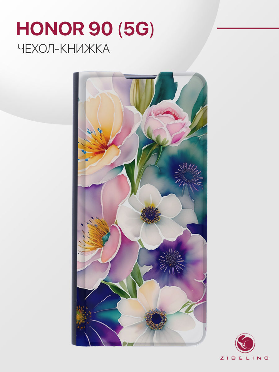 

Чехол для Honor 90 5G с рисунком, с магнитом, черный с принтом АКВАРЕЛЬНЫЕ ЦВЕТЫ, ZB-HON-90