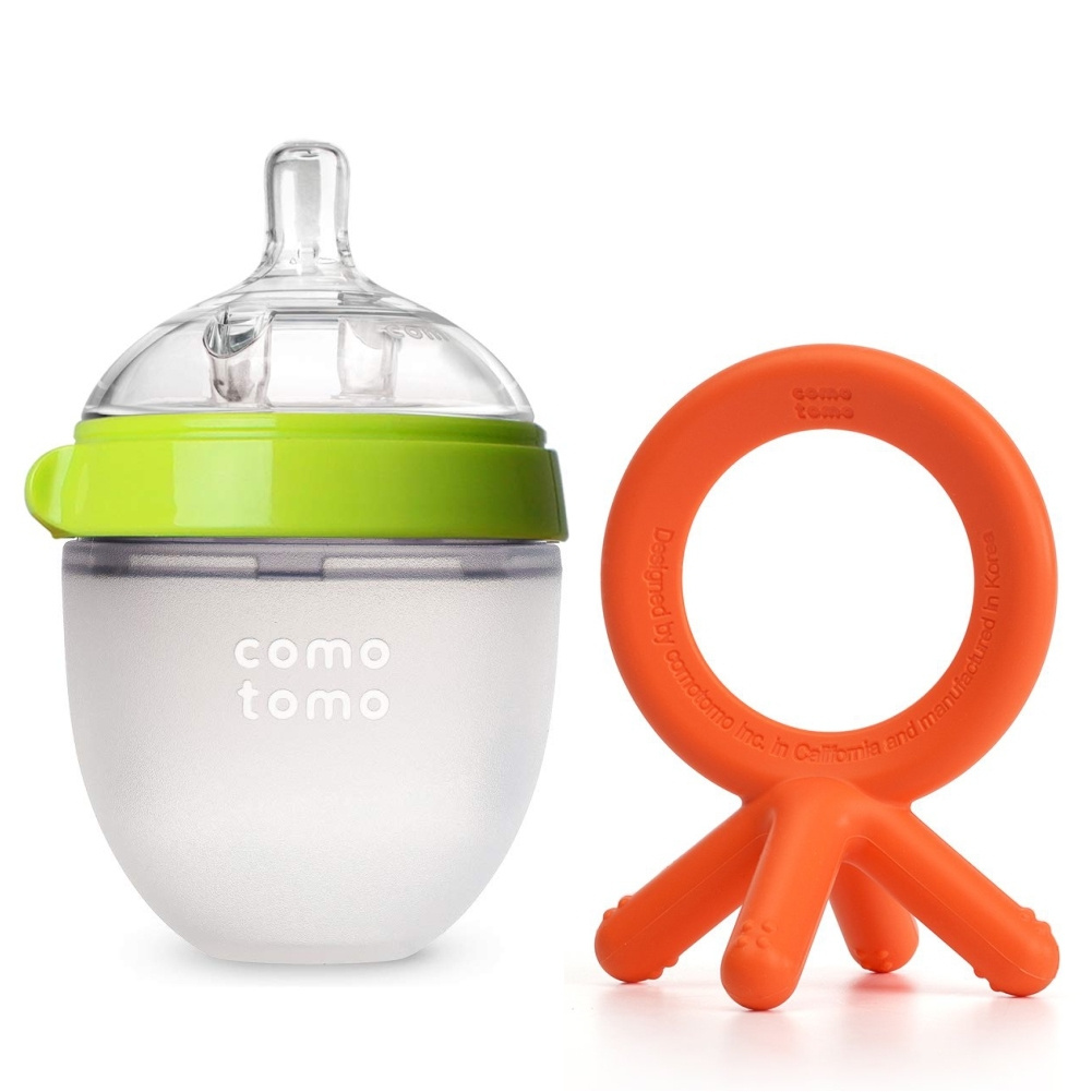 Бутылочка для кормления Comotomo зеленая 150 мл и оранжевый прорезыватель 150green-BTO-EN