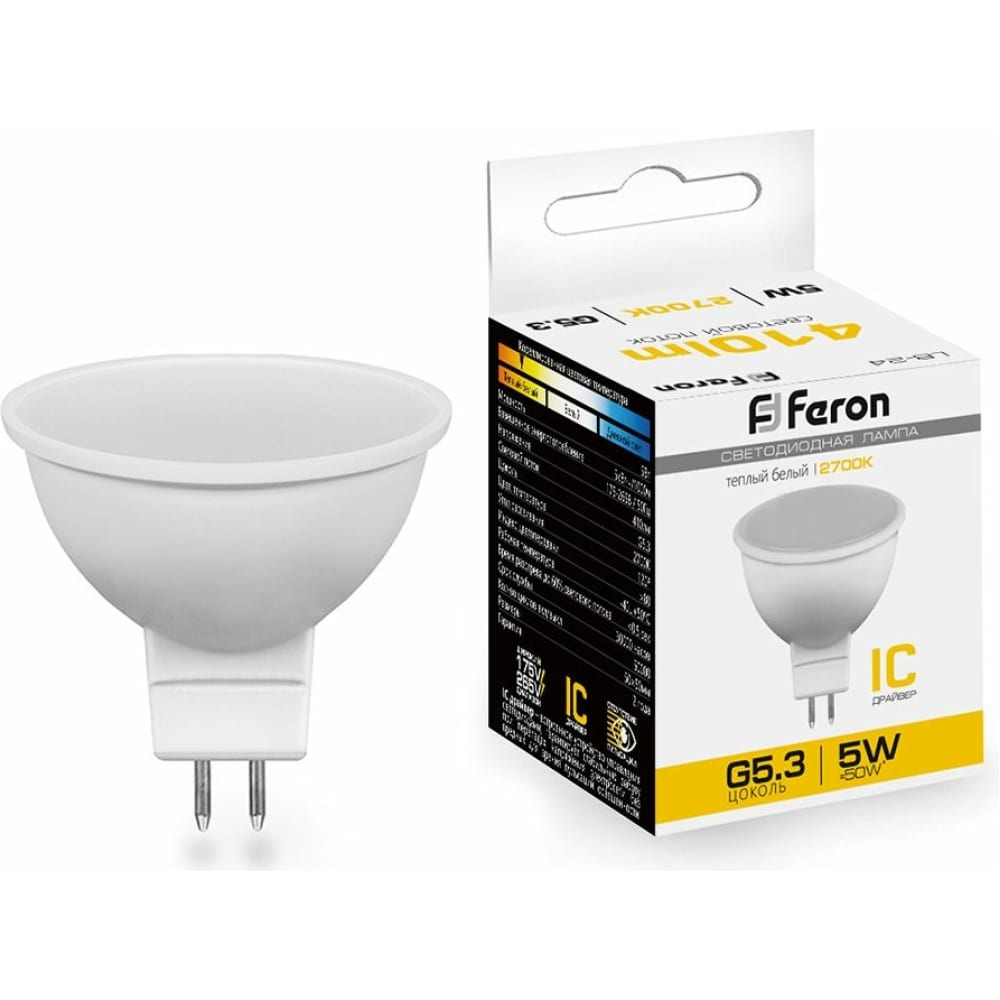 

Лампа светодиодная Feron 5W 230V G5.3 2700K MR16, LB-24, 25127