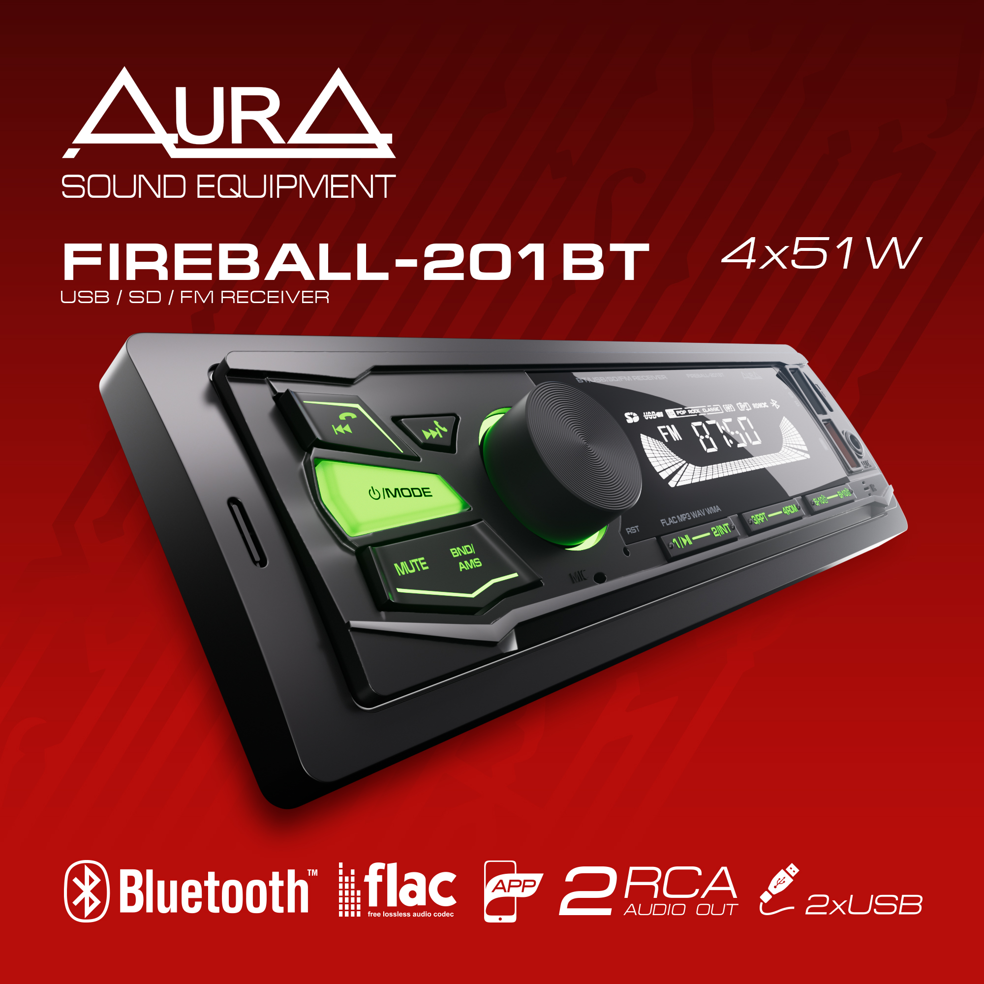 Ресивер автомобильный AurA FIREBALL-201 USB/BT