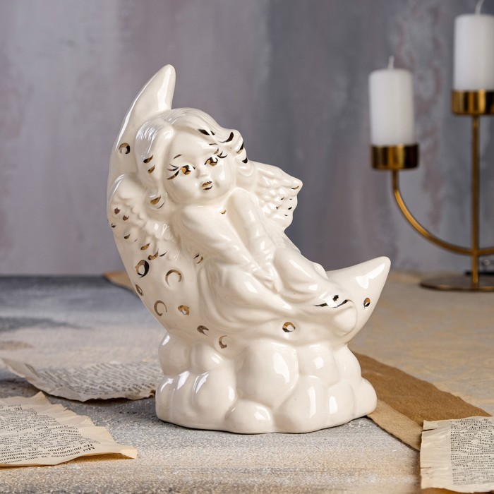 фото Статуэтка "ангел на месяце", белая, золото, 16х10х20 см керамика ручной работы