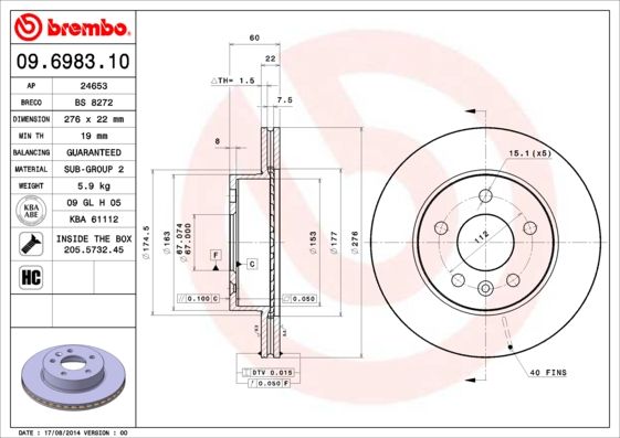 

Тормозной диск brembo комплект 1 шт. 09698310