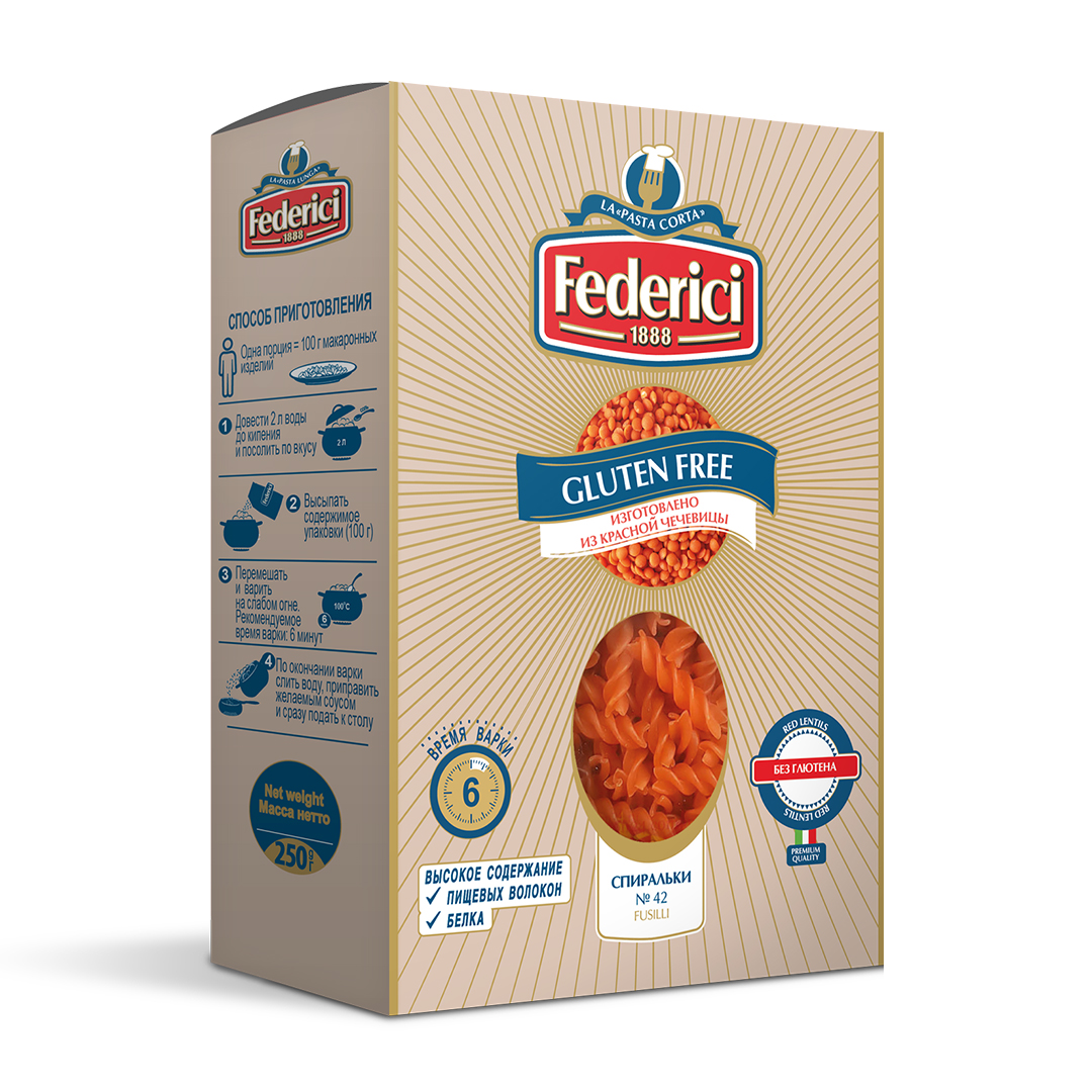 

Макароны Federici спиральки №042 из красной чечевицы, без глютена, 250 г
