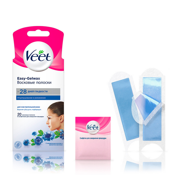 фото Восковые полоски veet для чувствительной кожи (для лица) c технологией easy gel-wax 20шт