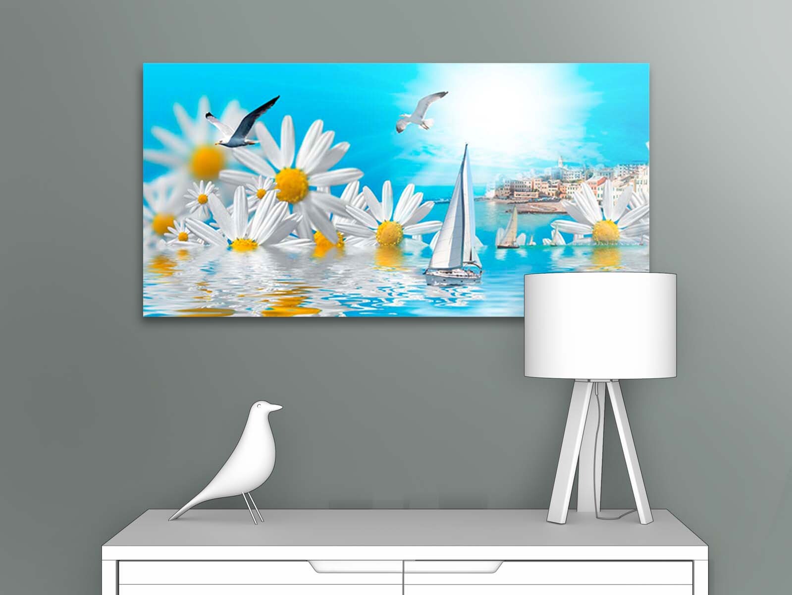 

Картина на стену для интерьера ПЕРВОЕ АТЕЛЬЕ "Картинка с ромашками и лодкой" 115х58 см, Картинка с ромашками и лодкой