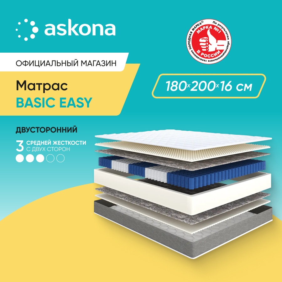 

Матрас анатомический Аскона Basic Easy 180x200, Белый, Easy