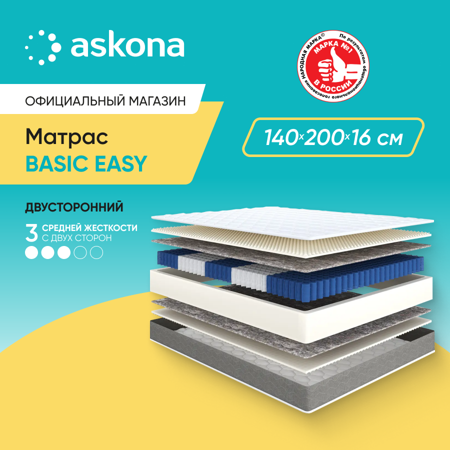 

Матрас анатомический Аскона Basic Easy 140x200, Белый, Easy