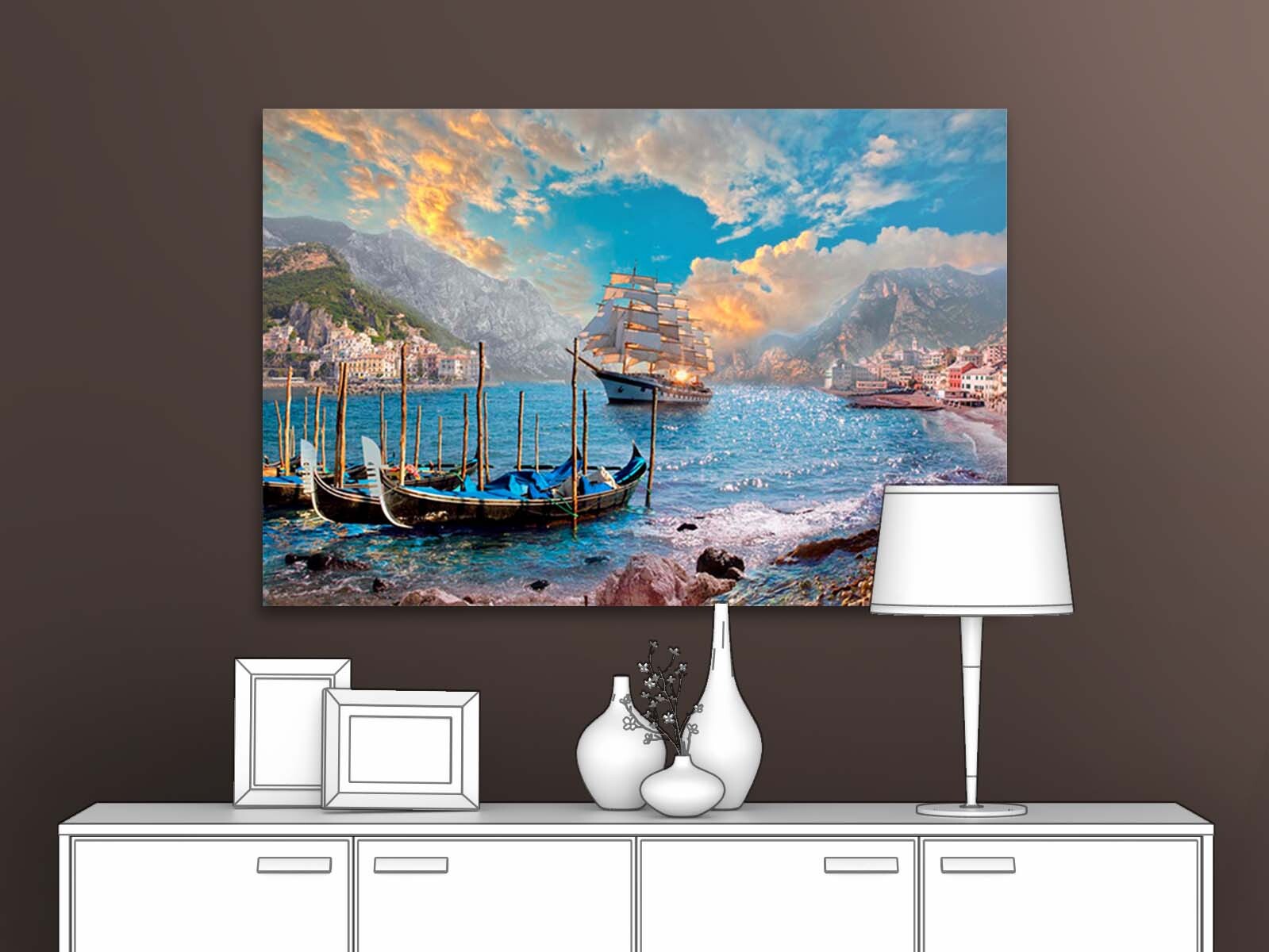 

Картина на стену для интерьера ПЕРВОЕ АТЕЛЬЕ "Лодки и корабль в море " 115х77 см, Лодки и корабль в море