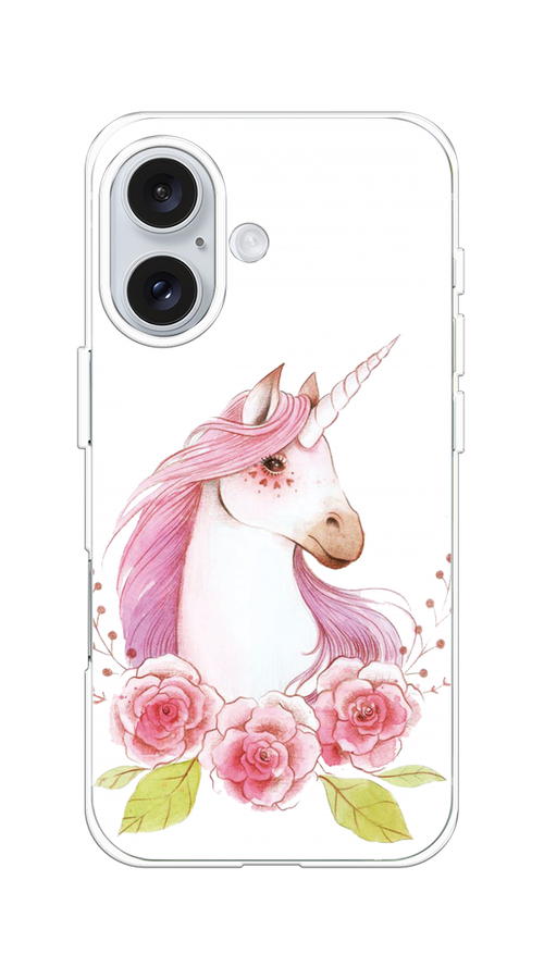 

Чехол на Apple iPhone 16 "Единорог цветы", Белый;розовый;серый, 16050-1