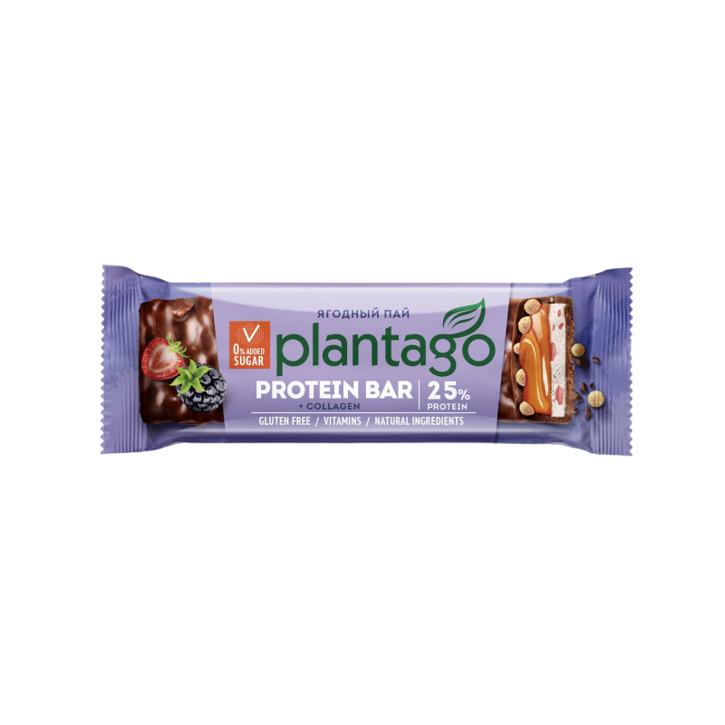 Батончик Plantago Ягодный пай с высоким содержанием белка,  с коллагеном, 25%, 40 г