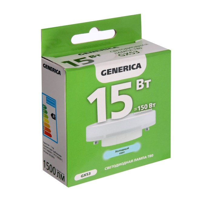 

Лампа светодиодная GENERICA T80, 15 Вт, таблетка, 6500 К, GX53, 230 В, LL-T80-15-