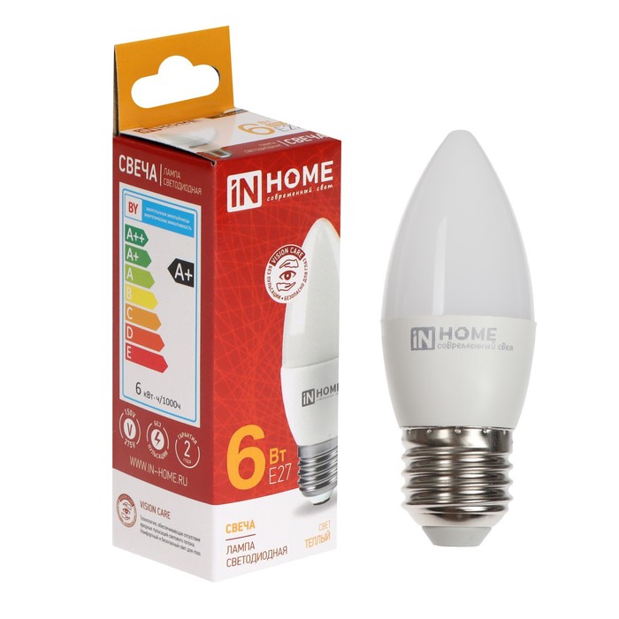

Лампа светодиодная IN HOME LED-СВЕЧА-VC, Е27, 6 Вт, 230 В, 3000 К, 540 Лм