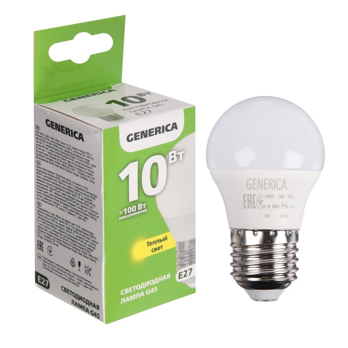 

Лампа светодиодная GENERICA G45, 10 Вт, шар, 3000 К, E27, 230 В, LL-G45-10-230-30-E27-G