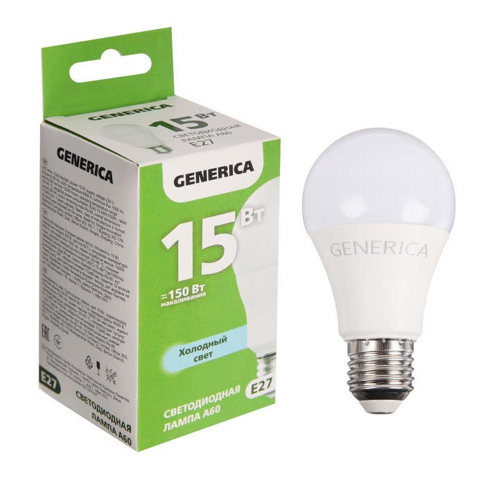 

Лампа светодиодная GENERICA A60, 15 Вт, груша, 6500 К, E27, 230 В, LL-A60-15-230-65-E27-G