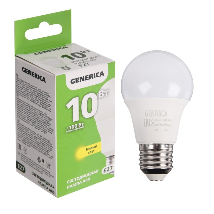 

Лампа светодиодная GENERICA A60, 10 Вт, груша, 3000 К, E27, 230 В, LL-A60-10-230-30-E27-G