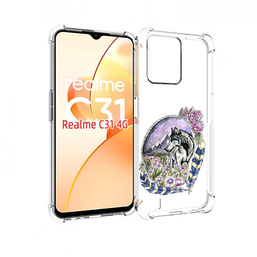 

Чехол MyPads нарисованный волк в цветах с перьями для OPPO Realme C31, Прозрачный, Tocco