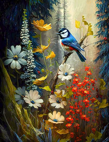

Алмазная мозаика без подрамника Птица на цветах, 50x40 см, 30 цветов, 63849, РА-343