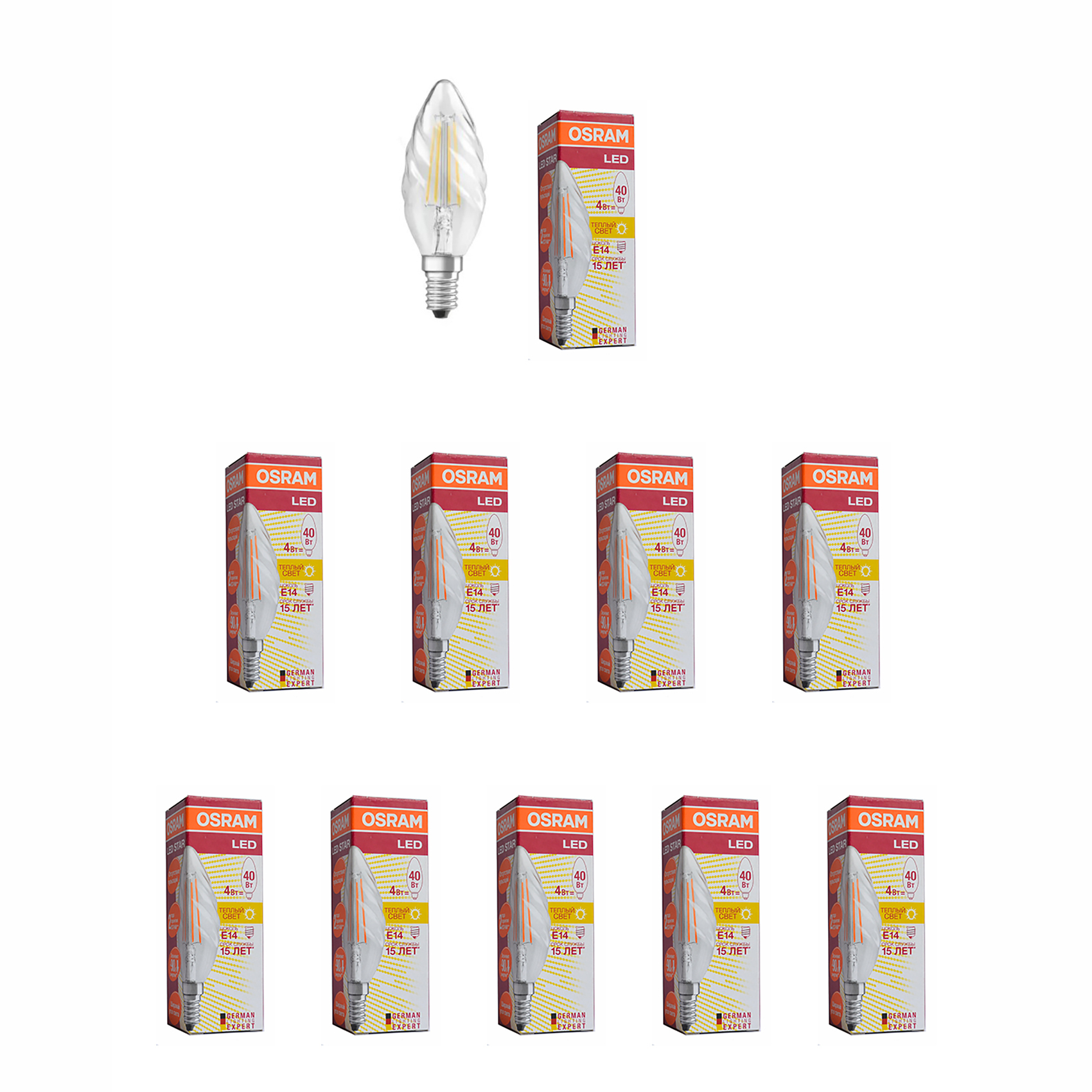 

Лампочка светодиодная OSRAM Свеча витая BW E14 4Вт 220В 470Лм 2700К Теплый белый 10шт, Свеча витая BW E14 4Вт 220В 470Лм 2700К Филамент