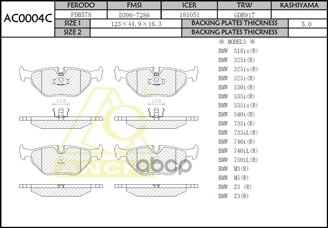 Тормозные Колодки Anchi Ac0004c Bmw 318,320,520,525 Rear ANCHI арт. AC0004C