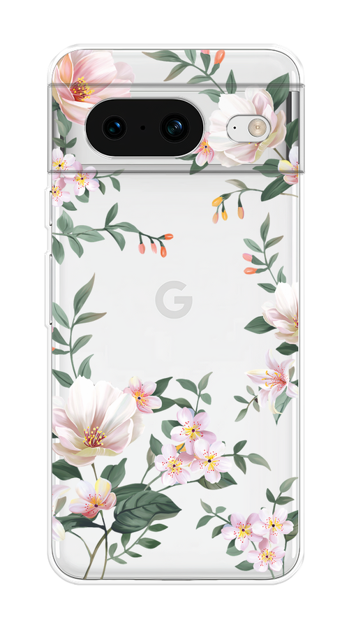 

Чехол на Google Pixel 8 "Beautiful white flowers", Бежевый;зеленый, 271550-1