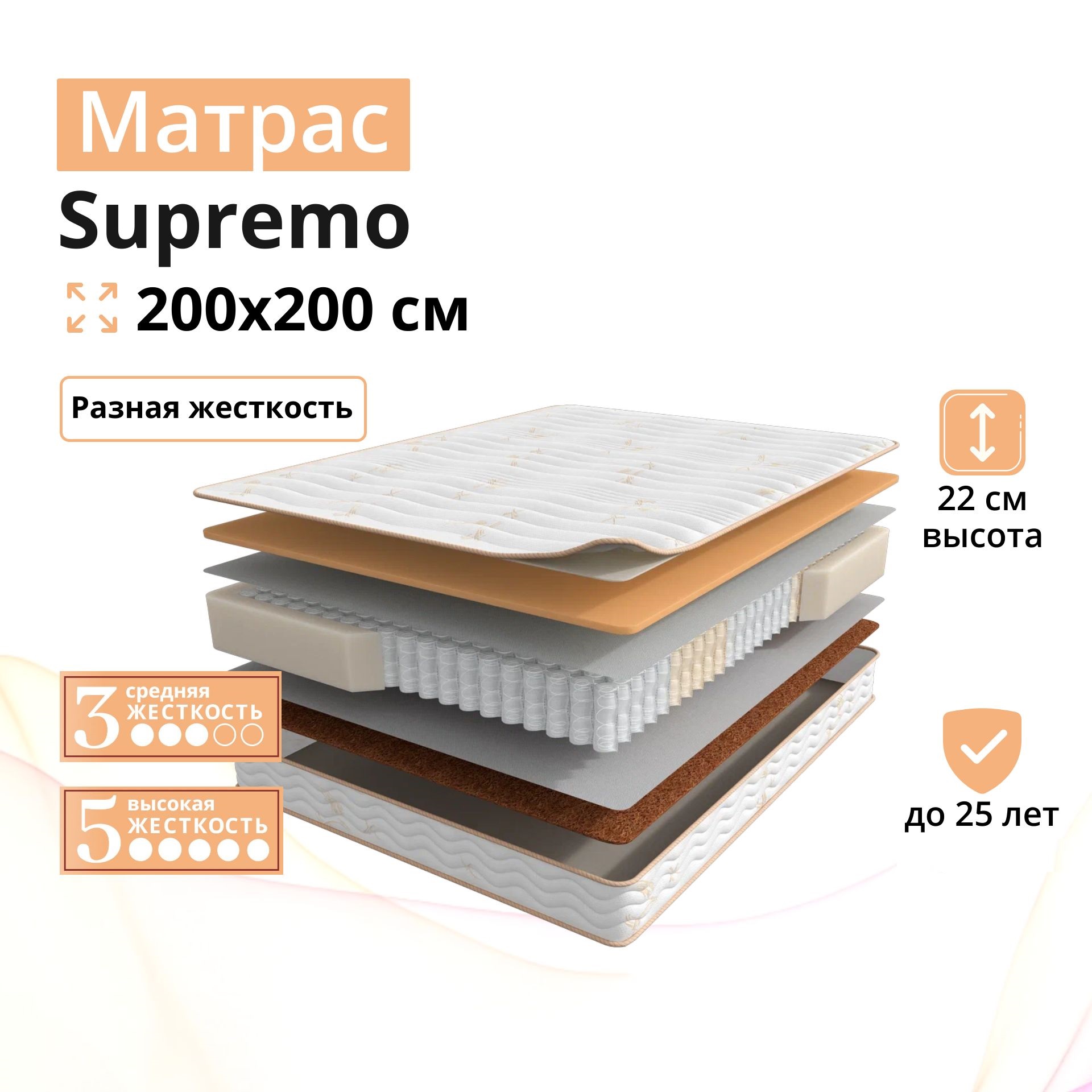 

Матрас Мир Матрасов Supremo анатомический независимые пружины 200х200 см, Белый, ask-supremo