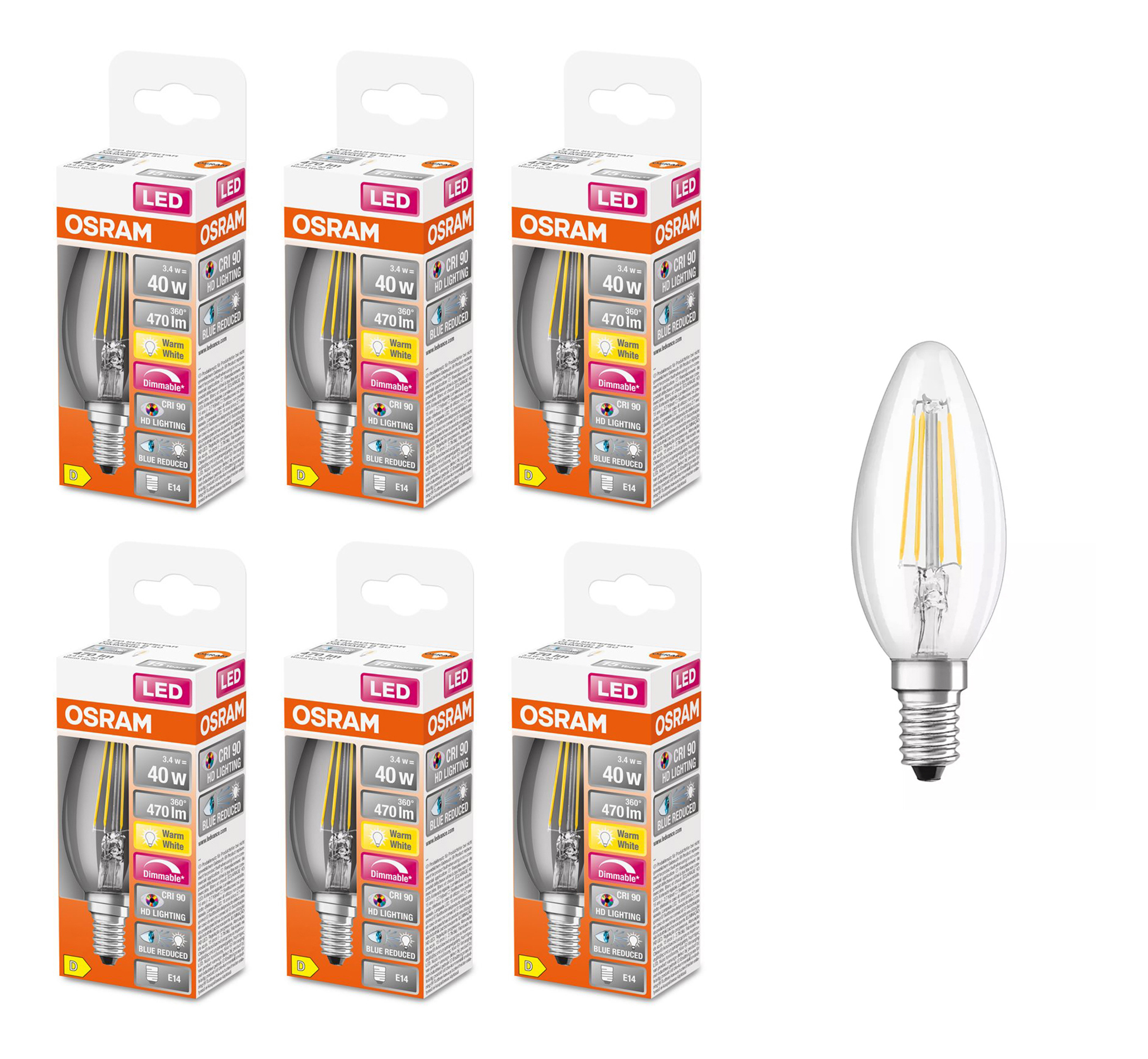 

Лампочка светодиодная OSRAM Свеча B E14 3,4Вт 220В 470Лм 2700К Теплый белый упак. 6шт, Свеча B E14 3,4Вт 220В 470Лм 2700К Филамент Диммируемая