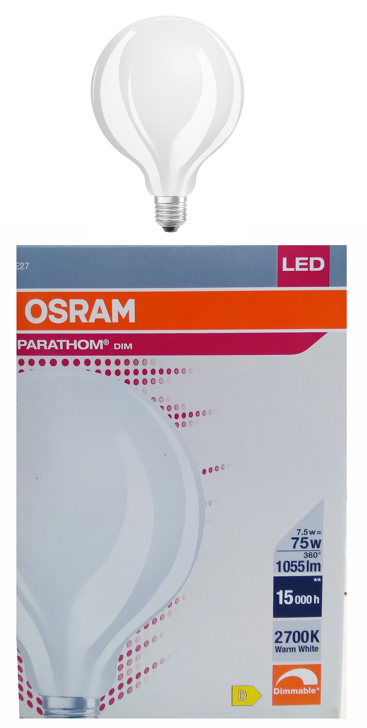

Лампочка светодиодная Osram Шар G95 7,5Вт 220В E27 1055Лм 2700К Теплый белый упак. 1шт, Шар G95 7,5Вт 220В E27 1055Лм 2700К