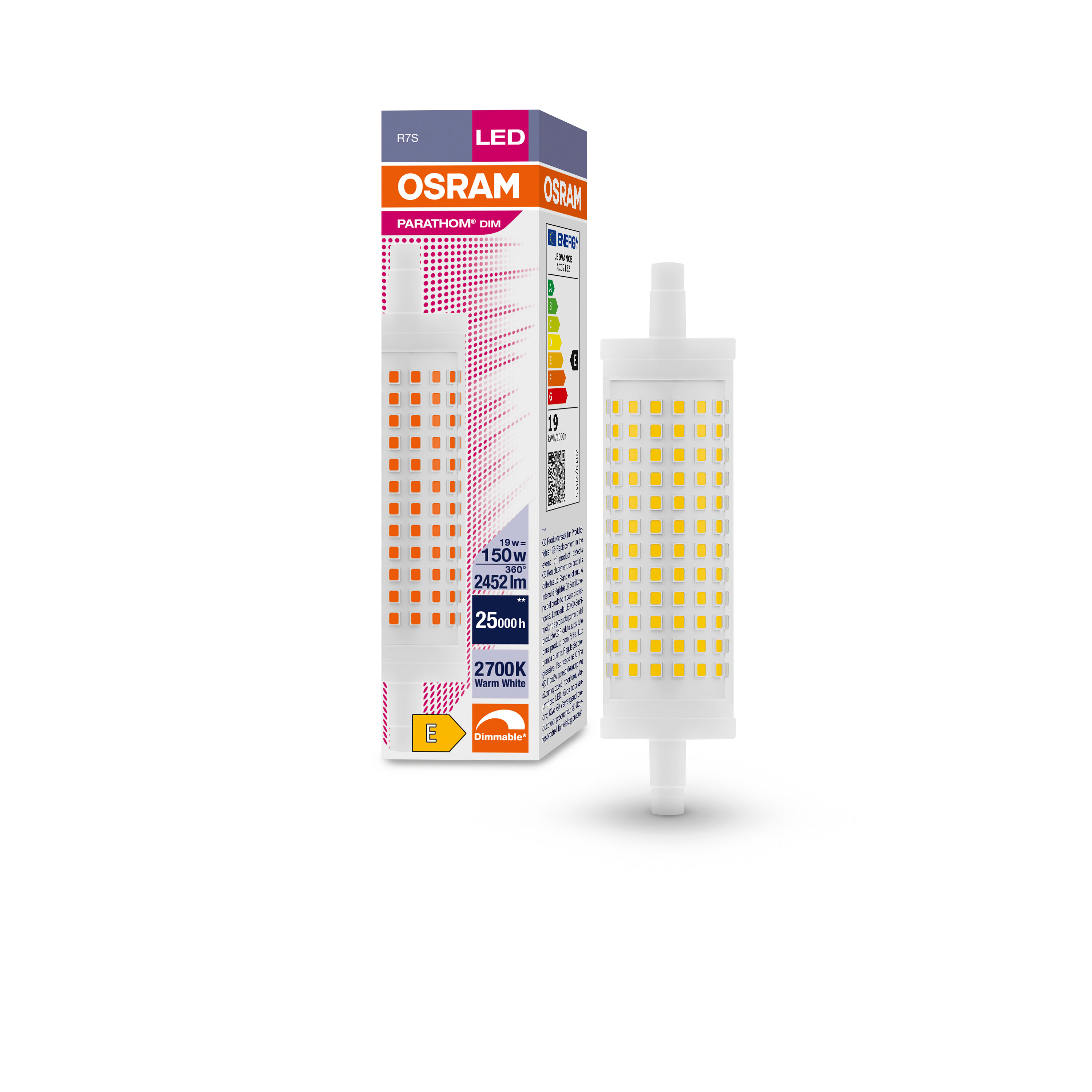 

Лампочка светодиодная OSRAM двухцок R7s 188mm R7s 16Вт 220В 2700К Тепл белый упак. 1шт, Трубка линейная двухцокольная R7s 188mm R7s 16Вт 220В 2700К Диммируемая