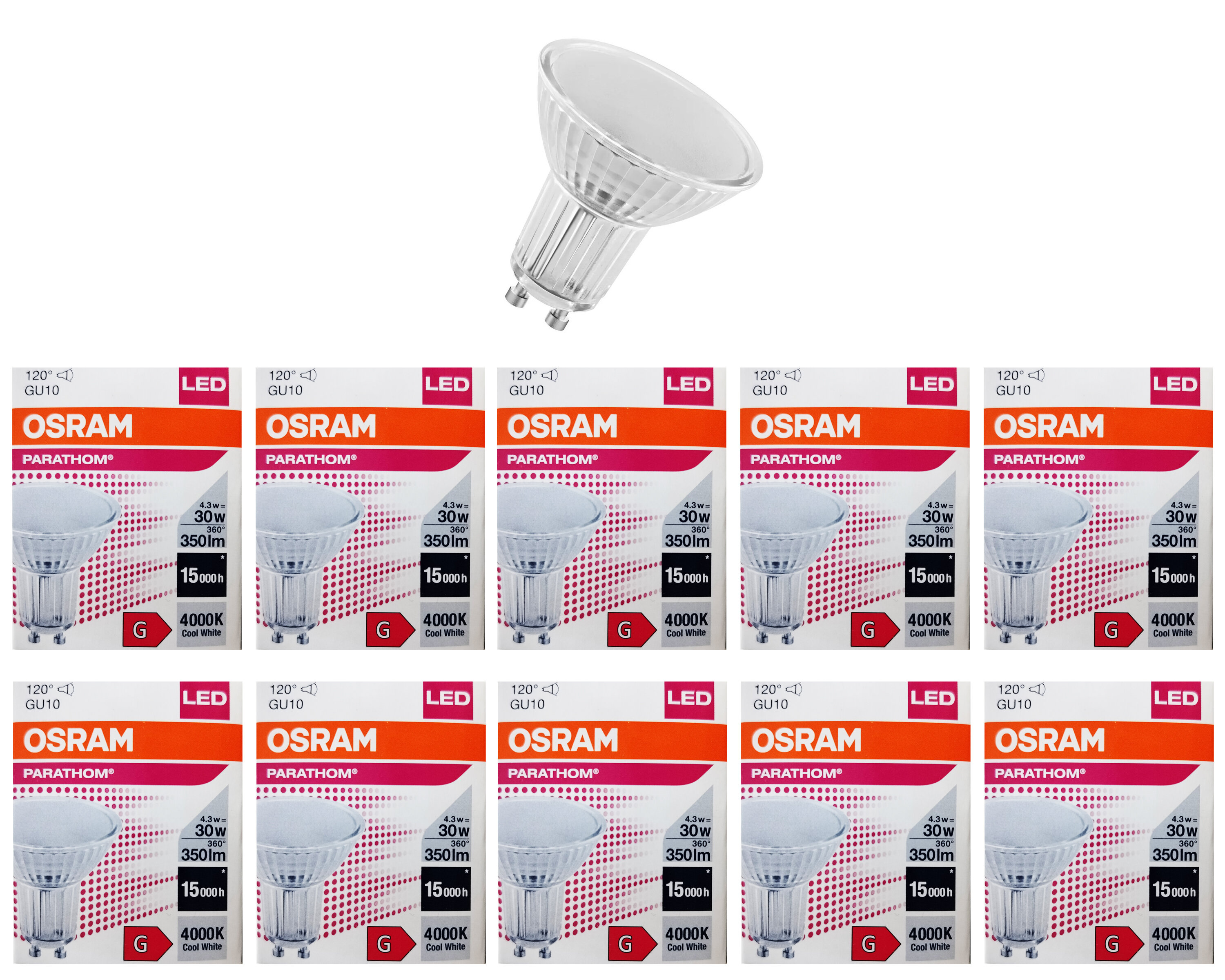

Лампочка светодиодная Osram Софит PAR16 GU10 4,3Вт 220В 350Лм 4000К Дневной белый 10шт, Софит PAR16 GU10 4,3Вт 220В 350Лм 4000К
