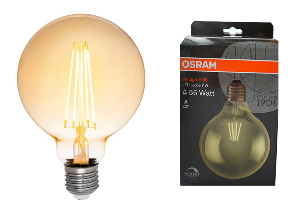 

Лампочка светодиодная OSRAM Vintage Шар G125 E27 7Вт 220В 725Лм 2500К Теплый белый 1шт, Vintage Ретро Шар G125 E27 7Вт 220В 725Лм 2500К Диммируемая