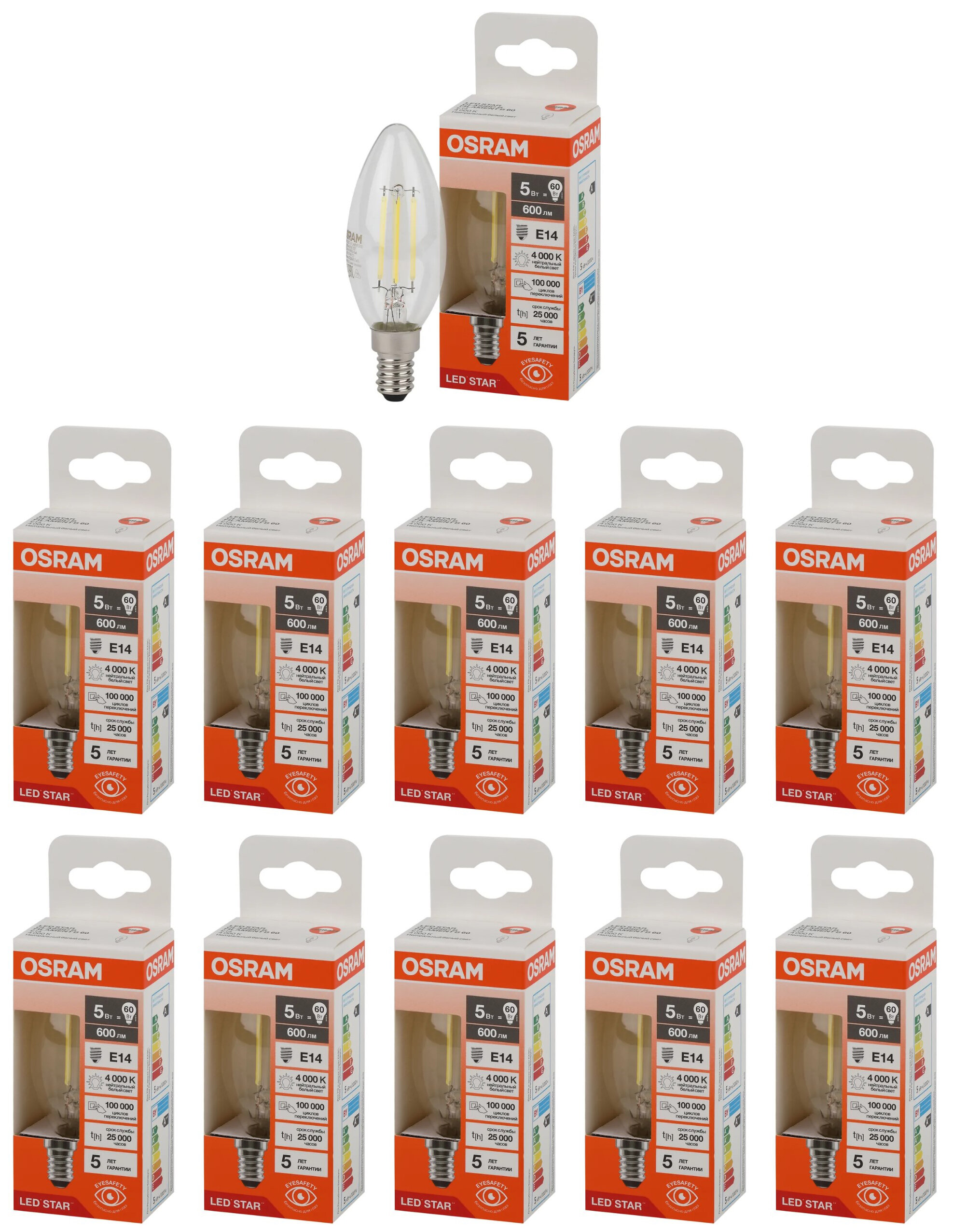 

Лампочка светодиодная Osram стекло Свеча B E14 5Вт 220В 600Лм 4000К Дневной белый 10шт, Филамент стекло Свеча B E14 5Вт 220В 600Лм 4000К