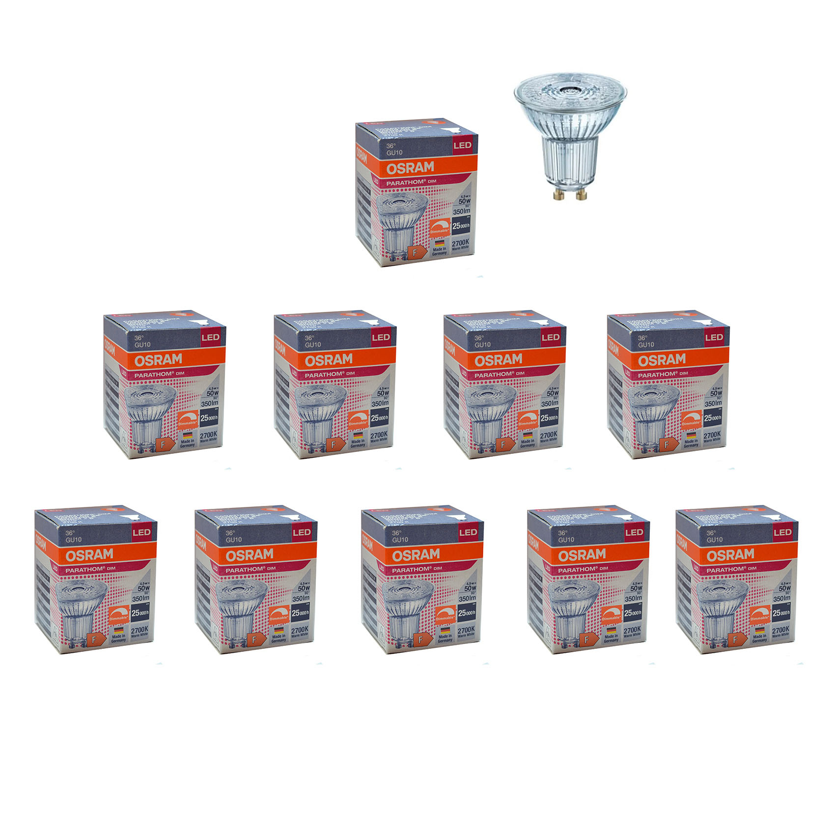 

Лампочка светодиодная OSRAM Софит PAR16 GU10 4,5Вт 220В 350Лм 2700К Теплый белый 10шт, Софит PAR16 GU10 4,5Вт 220В 350Лм 2700К Диммируемая