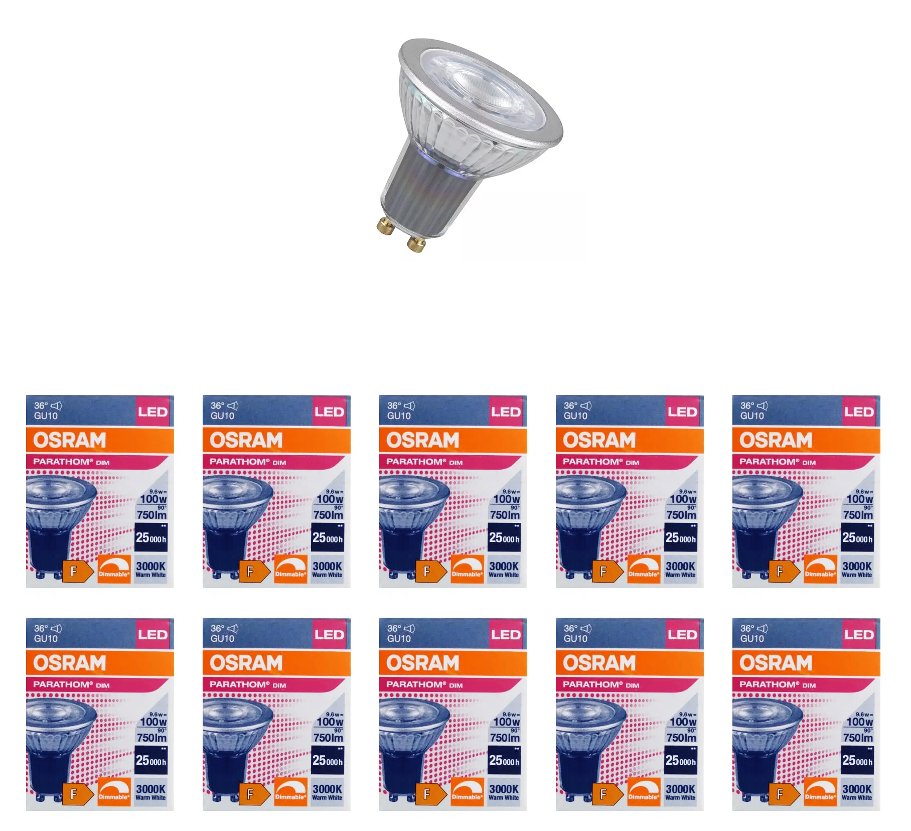 

Лампочка светодиодная OSRAM Софит PAR16 GU10 9,6Вт 220В 750Лм 3000К Теплый белый 10шт, Софит PAR16 GU10 9,6Вт 220В 750Лм 3000К Диммируемая