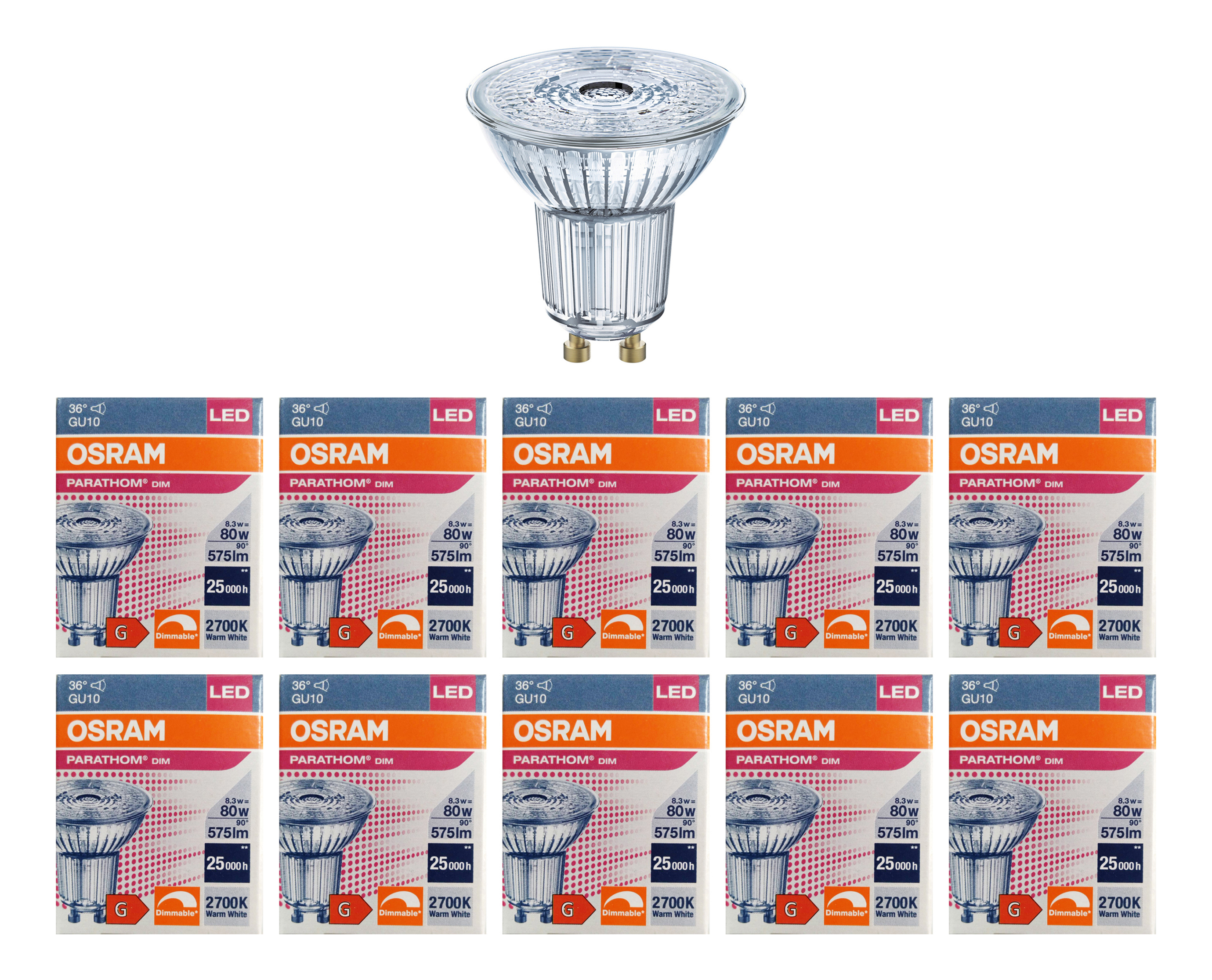 

Лампочка светодиодная OSRAM Софит PAR16 GU10 8,3Вт 220В 575Лм 2700К Теплый белый 10шт, Софит PAR16 GU10 8,3Вт 220В 575Лм 2700К Диммируемая