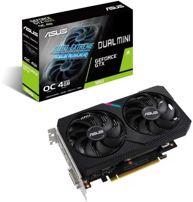 

Видеокарта ASUS NVIDIA GeForce GTX 1650 DUAL MINI OC (DUAL-GTX1650-O4GD6-MINI), Черный, GeForce GTX 1650 DUAL MINI OC