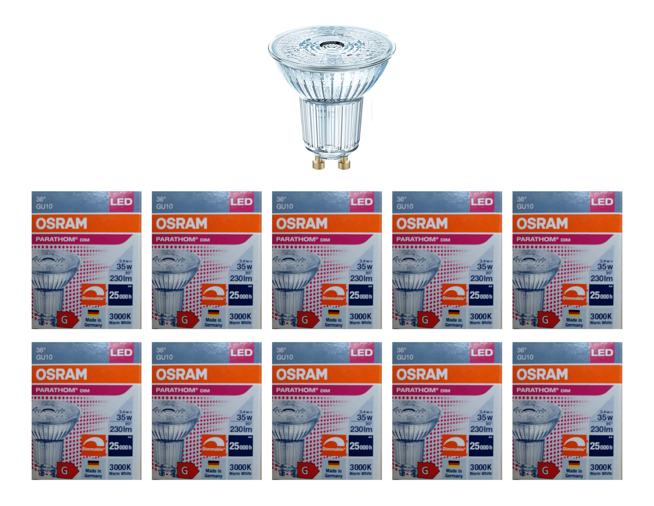 

Лампочка светодиодная OSRAM Софит PAR16 GU10 3,7Вт 220В 230Лм 3000К Теплый белый 10шт, Софит PAR16 GU10 3,7Вт 220В 230Лм 3000К Диммируемая