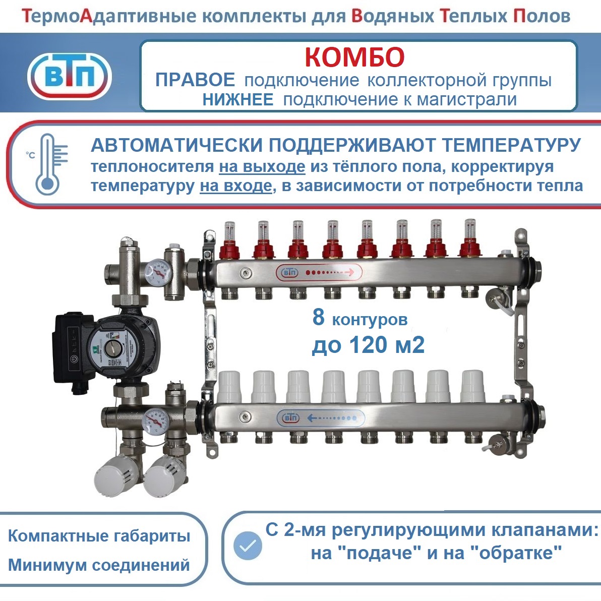 Термоадаптивный комплект теплого пола на 8 конт коллектор справа +част насос ВТП Комбо-П
