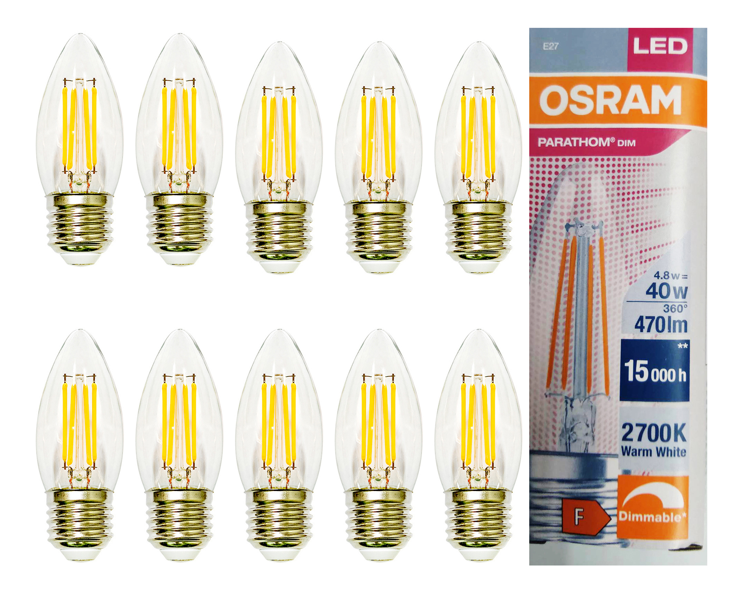 

Лампочка светодиодная OSRAM Свеча B E27 4,8Вт 220В 470Лм 2700К Теплый белый упак. 10шт, Свеча B E27 4,8Вт 220В 470Лм 2700К Филамент Диммируемая