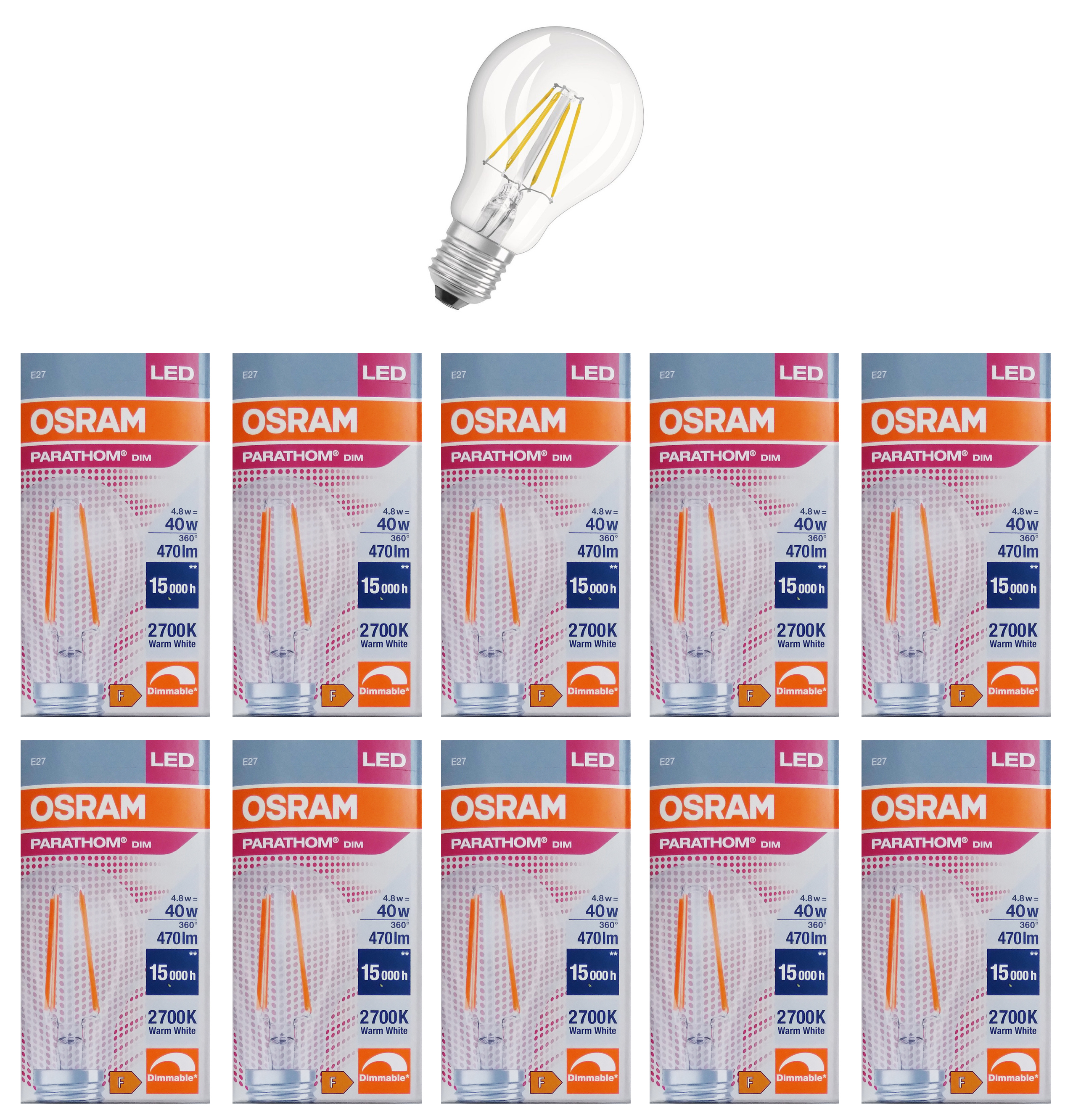 

Лампочка светодиодная OSRAM Груша A E27 4,6Вт 220В 470Лм 2700К Теплый белый упак. 10шт, Груша A E27 4,6Вт 220В 470Лм 2700К Филамент Диммируемая