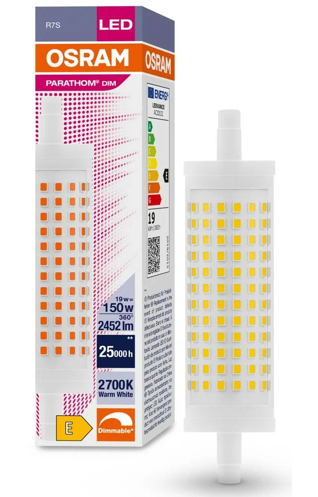 

Лампочка светодиодная OSRAM двухцокол R7s 188mm R7s 19Вт 220В 2700К Теп белый упак. 1шт, Трубка линейная двухцокольная R7s 188mm R7s 19Вт 220В 2700К Диммируемая
