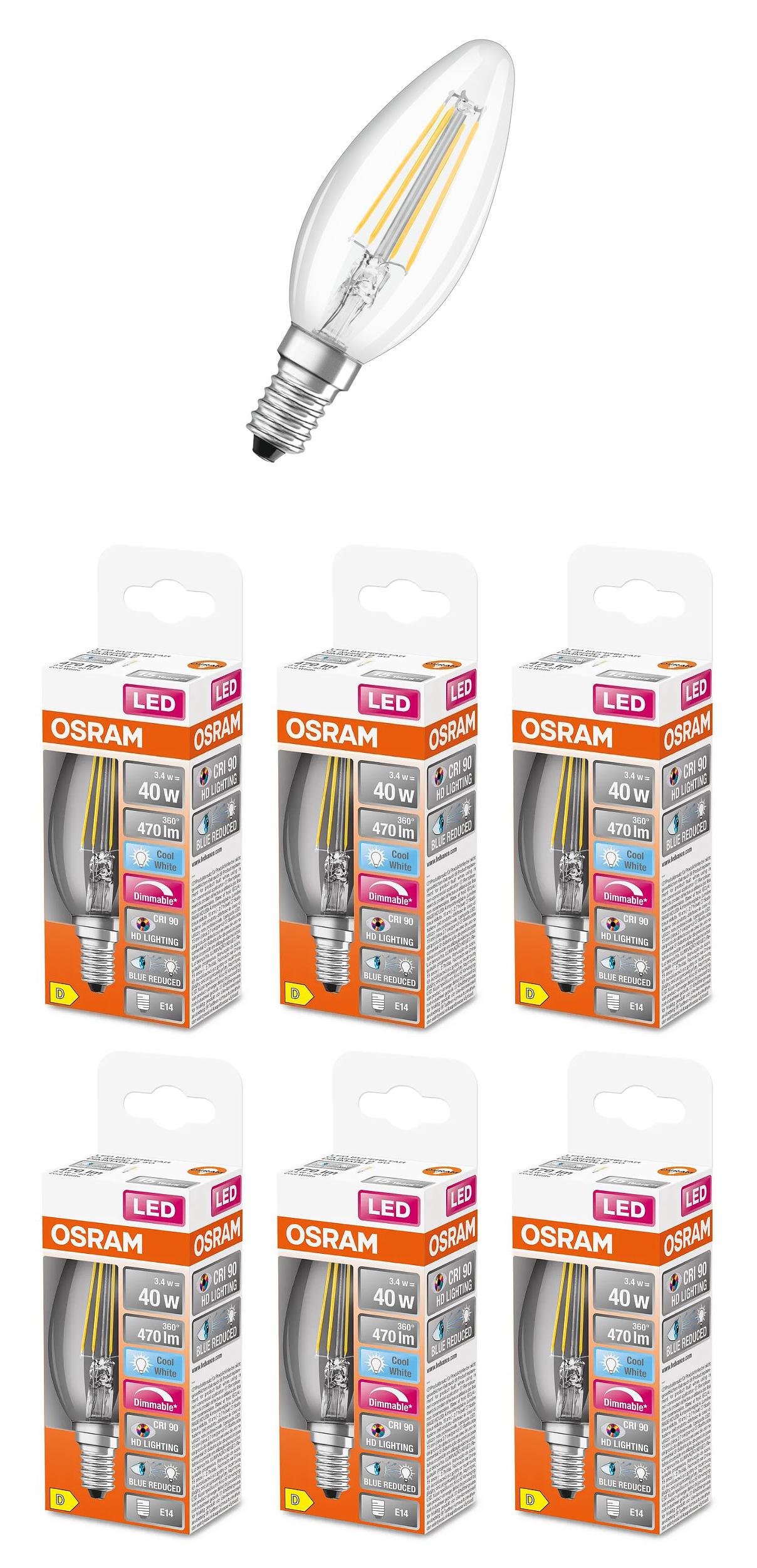 

Лампочка светодиодная OSRAM Свеча B E14 3,4Вт 220В 470Лм 4000К дневной белый, упак. 6шт, Свеча B E14 3,4Вт 220В 470Лм Филамент Диммируемая 4000К