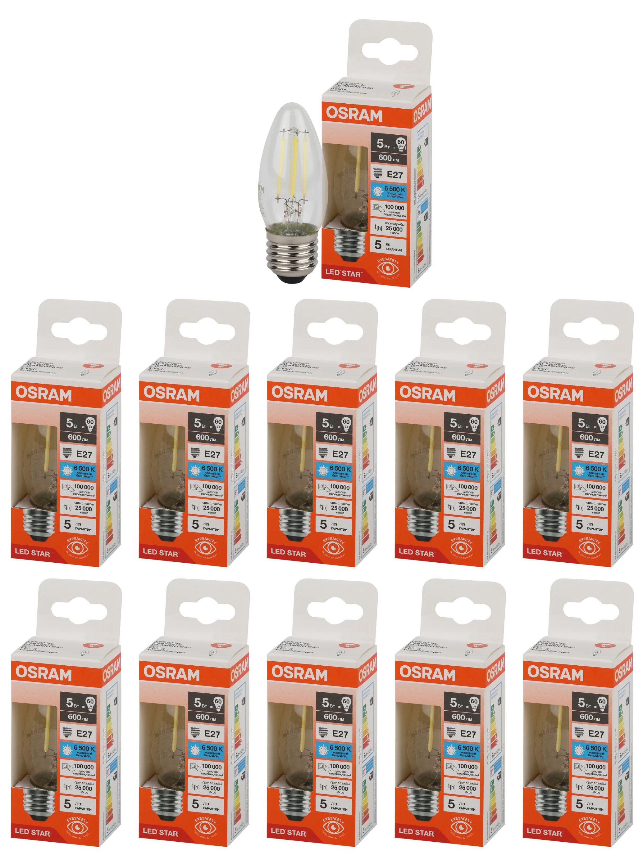

Лампочка светодиодная Osram стекло Свеча B E27 5Вт 220В 600Лм 6500К Холодный белый 10шт, Филамент стекло Свеча B E27 5Вт 220В 600Лм 6500К