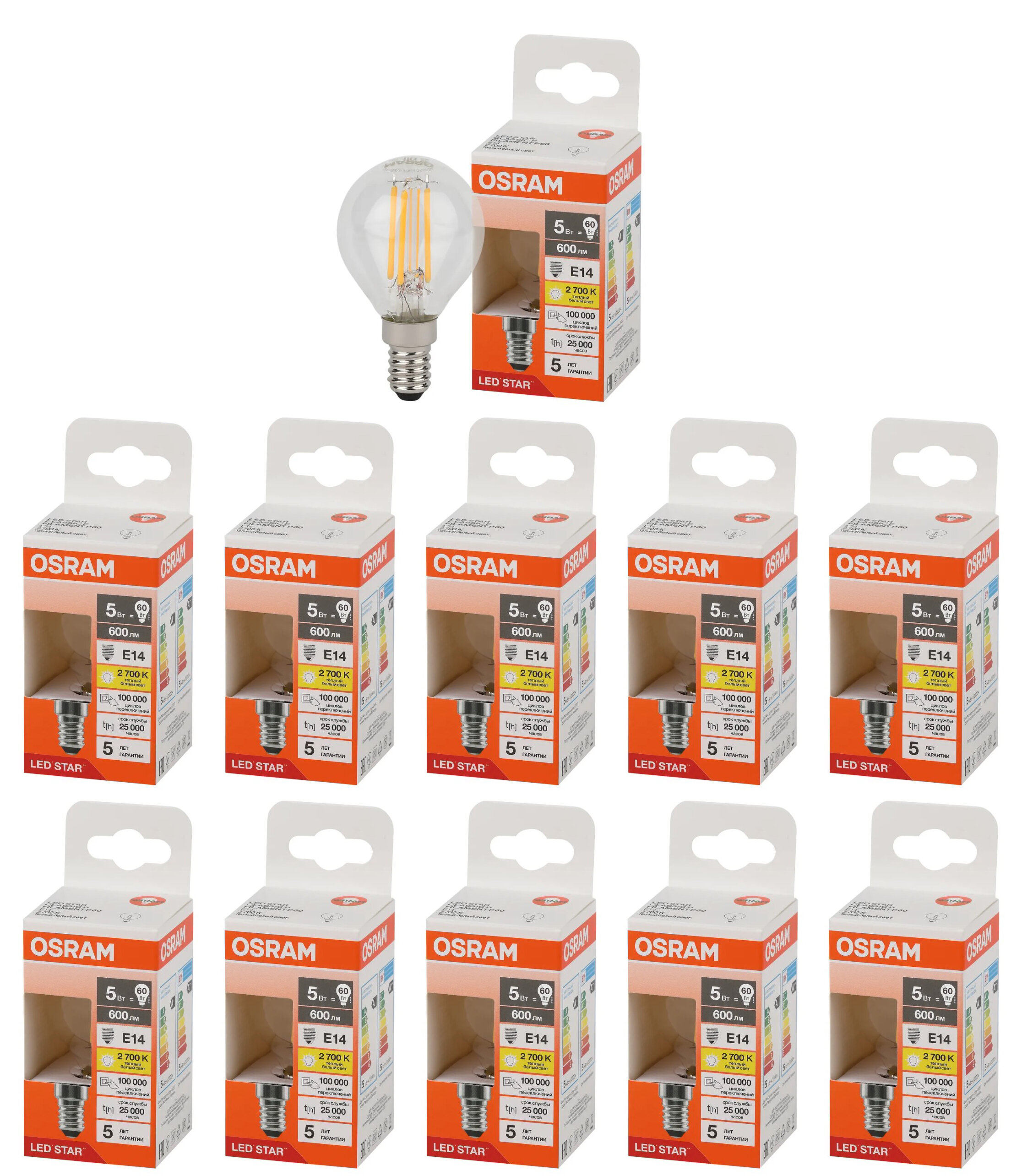 

Лампочка светодиодная Osram стекло Шарик P45 E14 5Вт 220В 600Лм 2700К Теплый белый 10шт, Филамент стекло Шарик P45 E14 5Вт 220В 600Лм 2700К