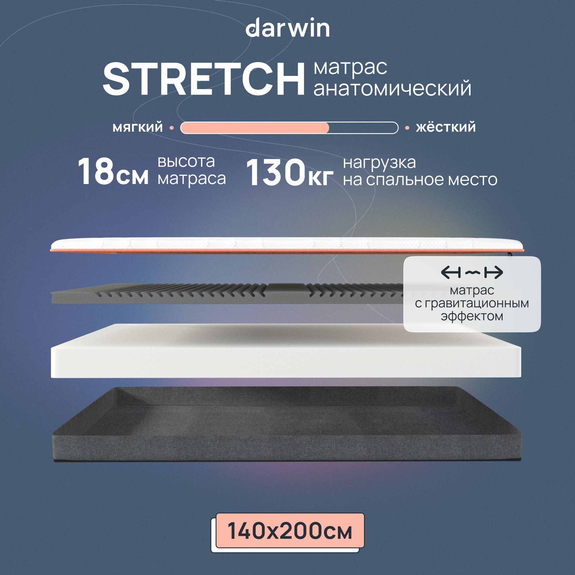 Ортопедический Матрас Darwin Stretch 140х200, беспружинный, 18 см высота, белый